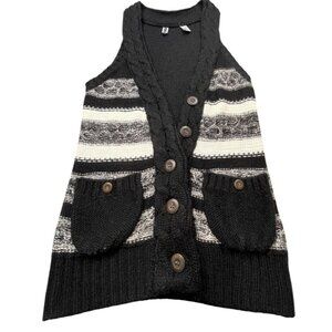 BKE Sweater Vest Womens Large Black Gray Sleeveless Button Front Knit Pockets